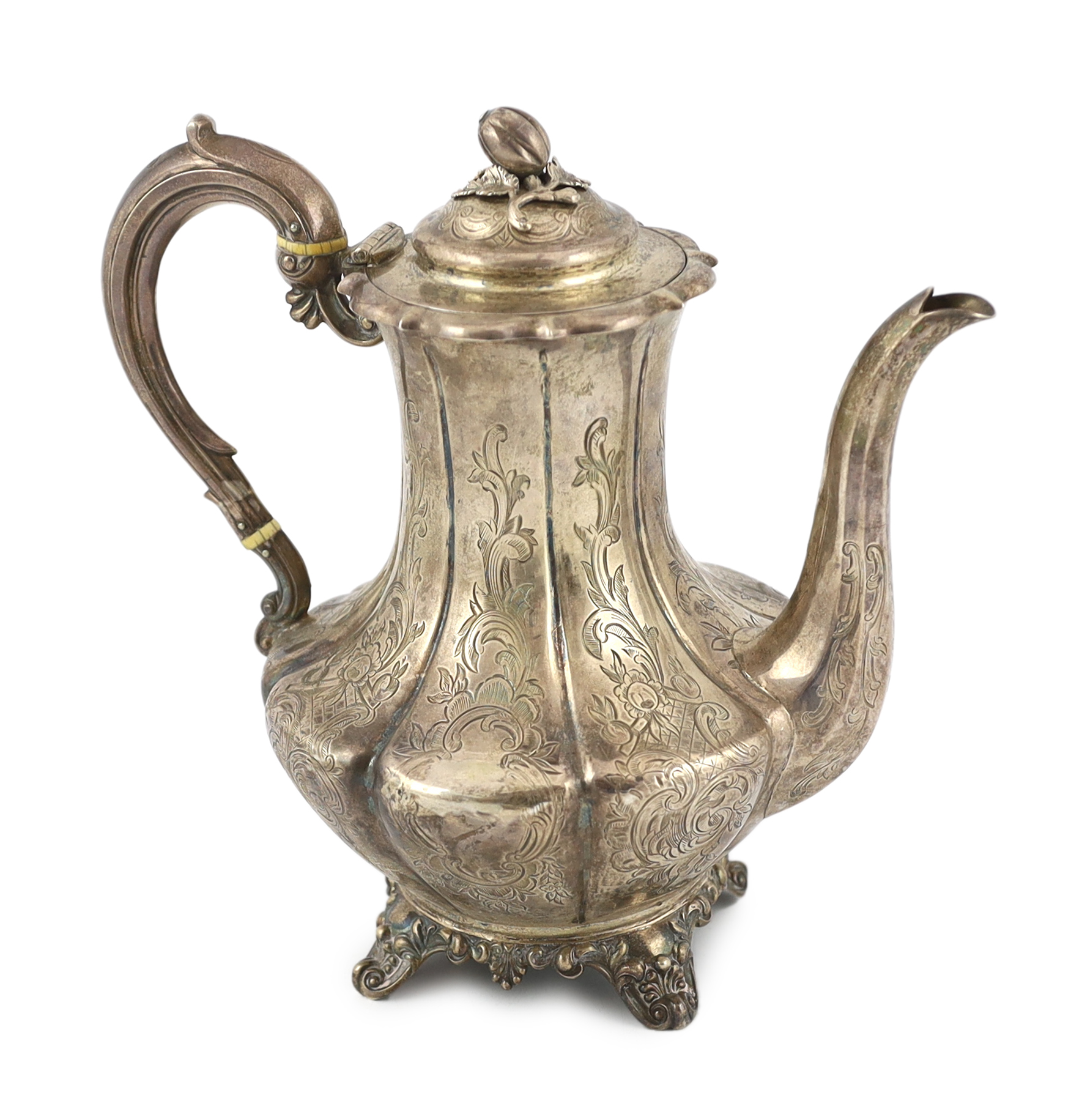 A Victorian engraved silver melon shaped coffee pot and cover with melon finial, by William Hunter, CITES Submission reference Y1TEMWCY